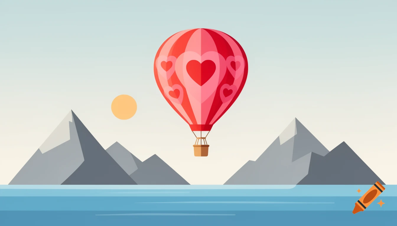 A flat design illustration of a red hot air balloon with heart patterns floating above water, with mountains and a sun.
