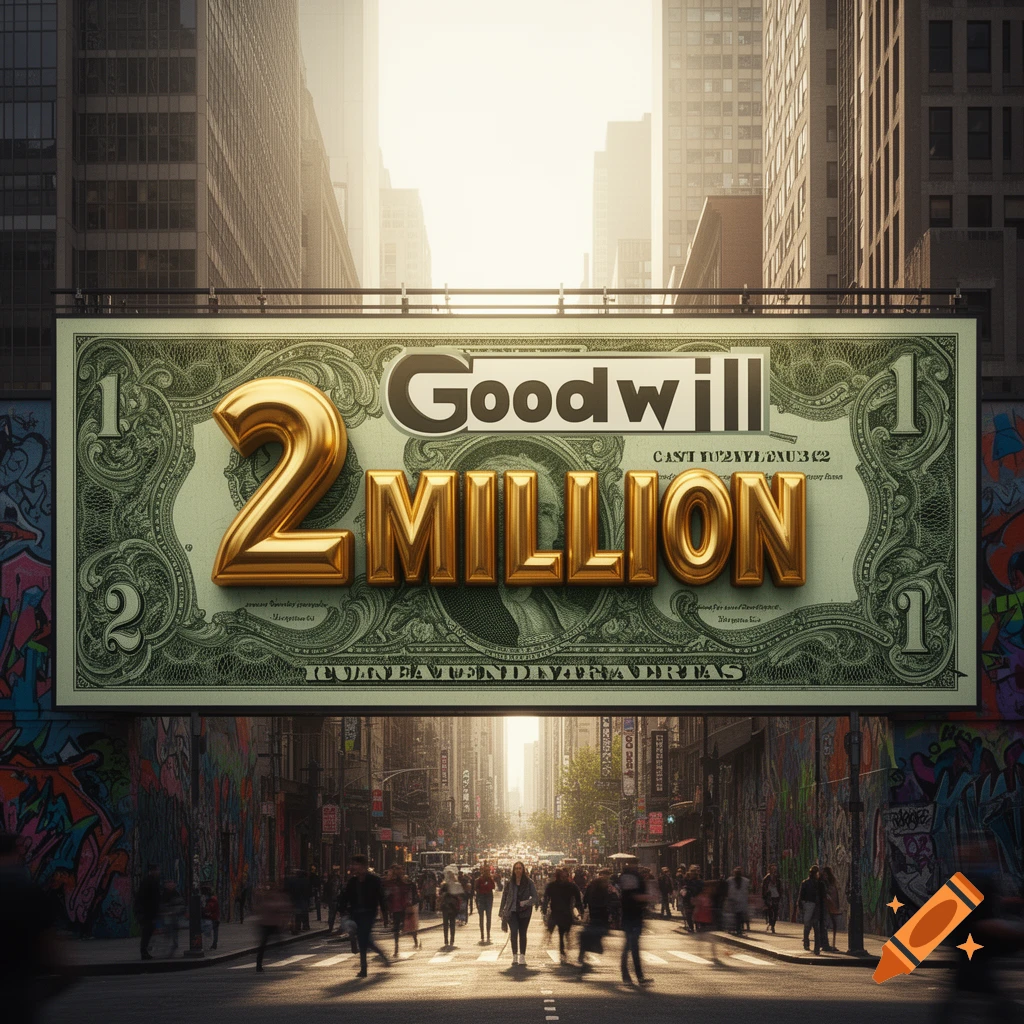 A massive money bill-shaped billboard for "Goodwill 2 MILLION" hangs above a bustling city street with tall buildings and pedestrians, under a bright hazy sky.