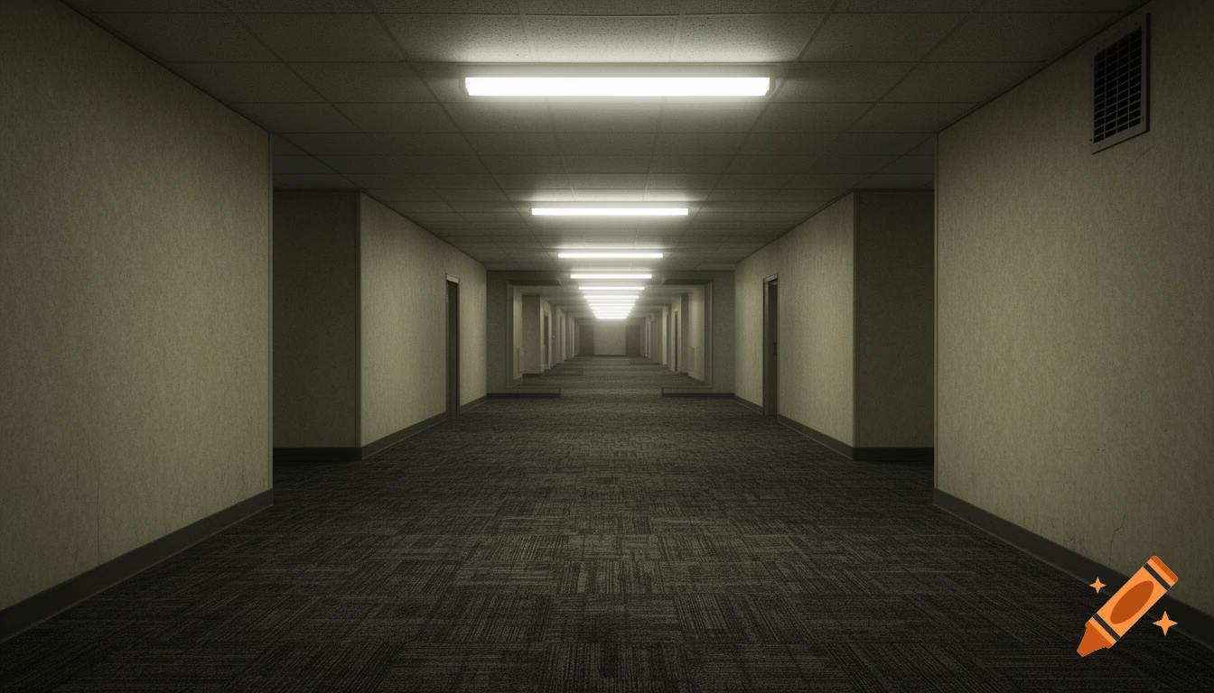 A long, empty, dimly lit hallway with beige walls, dark carpet, and fluorescent lights stretching into the distance.
