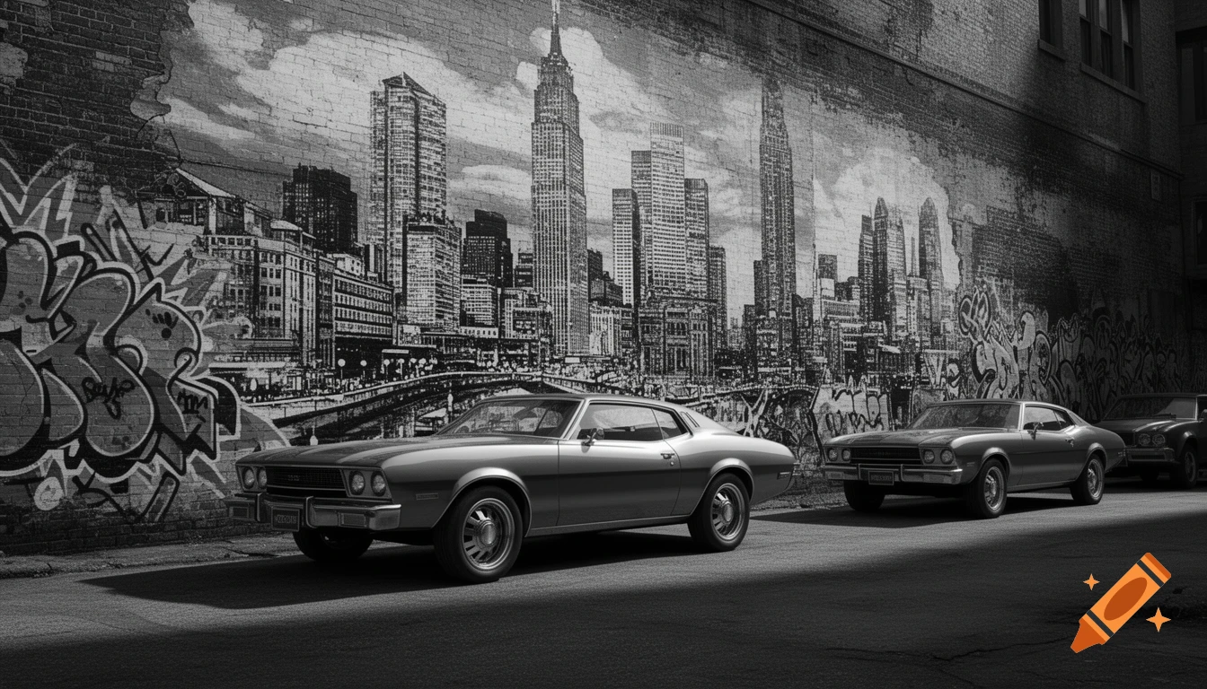 A black and white street scene featuring vintage cars parked next to a brick wall covered in graffiti and a mural of a city skyline.