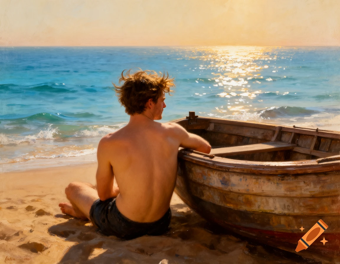 A shirtless man with wavy hair sits on a sandy beach, leaning against a wooden rowboat, gazing at the sparkling ocean under a sunset sky. Painting style.