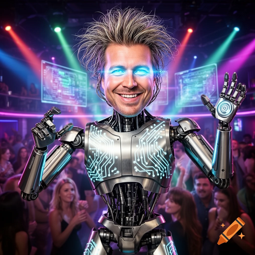 A smiling robot with a human head, glowing blue eyes, and spiky hair raises its hands in a lively nightclub with neon lights.