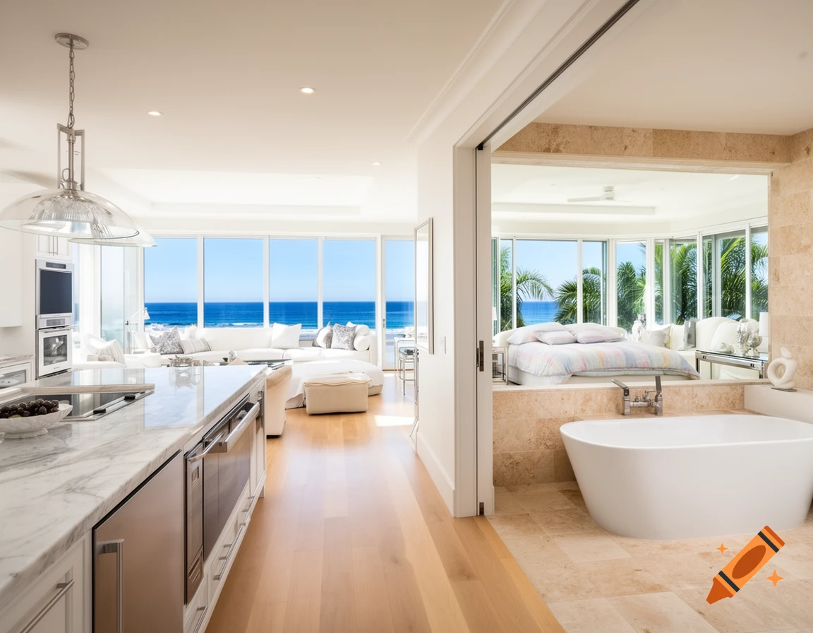 Photorealistic image of a luxury beach house interior featuring a kitchen, living room, bedroom, and bathroom, all with ocean views.