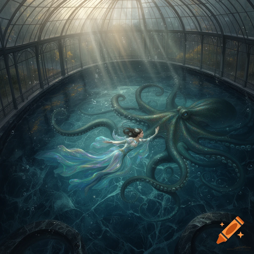 A sorceress with a flowing dress swims gracefully alongside a large kraken in a grand indoor pool bathed in sunlight within a glass pavilion.