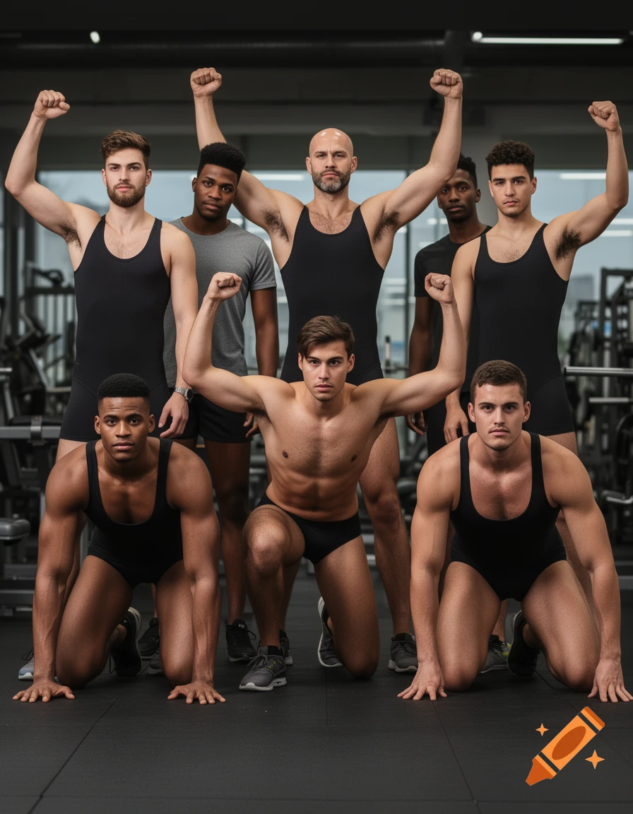 Group of muscular men in a gym, some standing with raised fists, others kneeling or crouching.