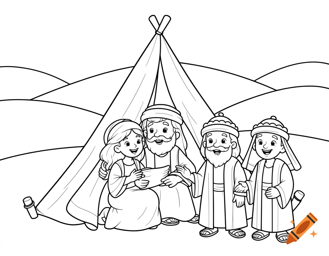 A black outline coloring page showing Sarah and Abraham by a tent with three wise men in a hilly landscape.