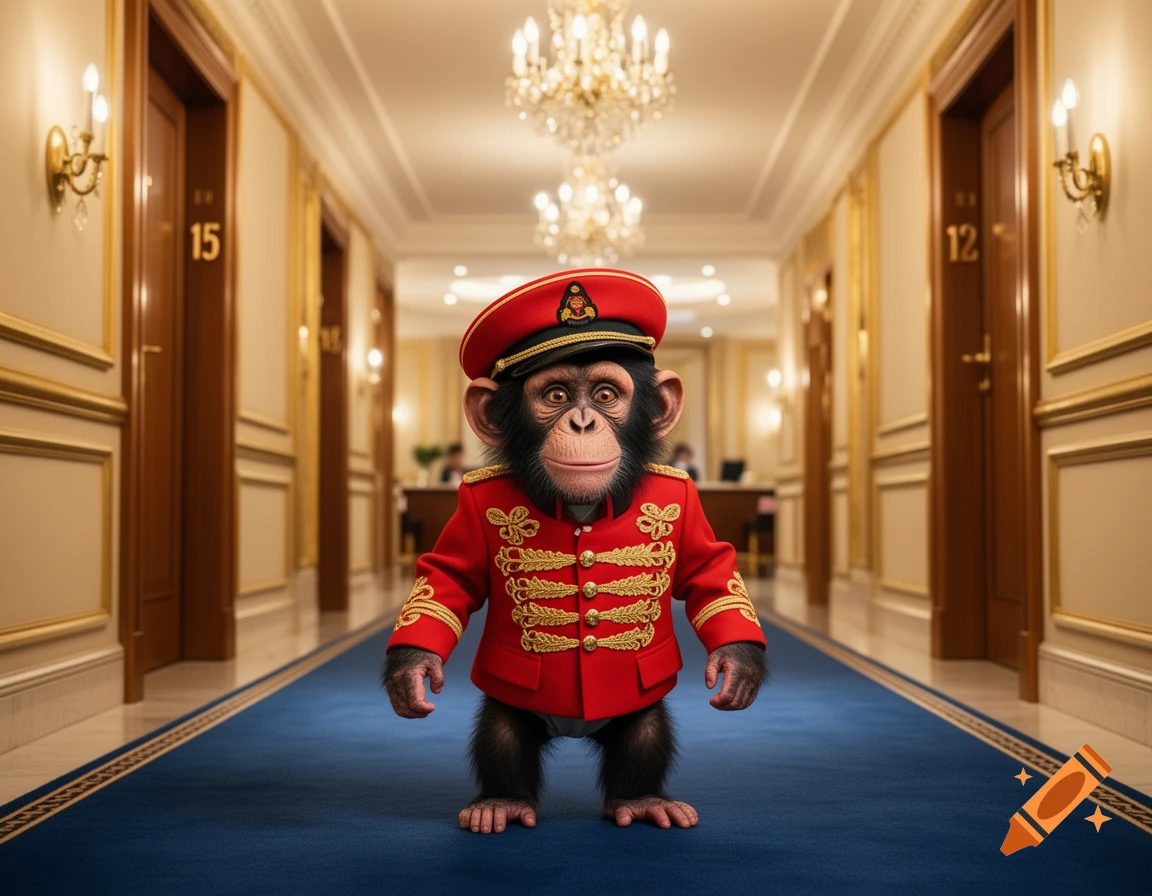 A baby chimpanzee in a red and gold ceremonial uniform stands on a blue carpet in a grand hotel hallway with chandeliers.