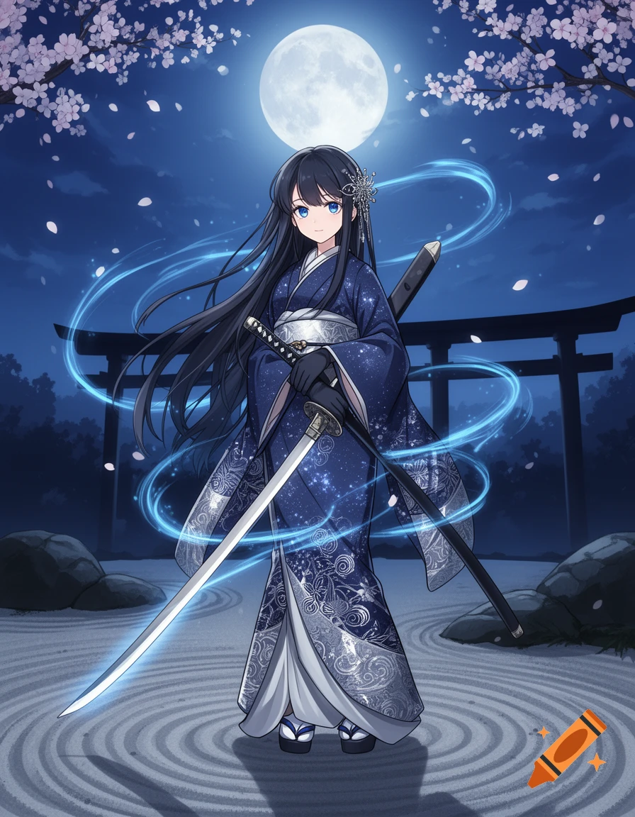 Anime girl in a blue kimono holding a katana, standing in a moonlit Japanese garden with cherry blossoms and a torii gate.