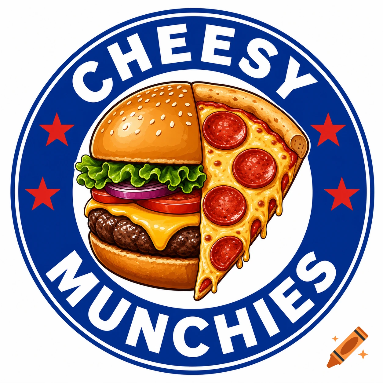A circular logo featuring a cheeseburger and a slice of pepperoni pizza in the center. The blue outer ring has white text "CHEESY MUNCHIES" and red stars.