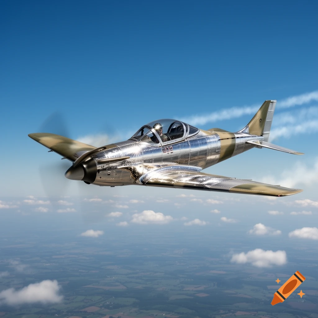 A shiny, chrome-plated military aircraft with green camouflage on its wings flies through a blue sky with scattered clouds over land.