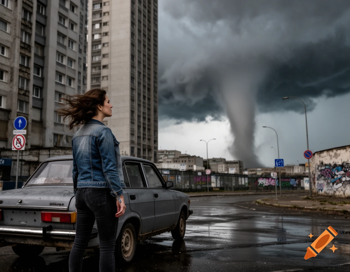 A woman in a denim jacket stands with her back to an old gray car, looking up at a large tornado descending over a city with tall, imposing buildings.
