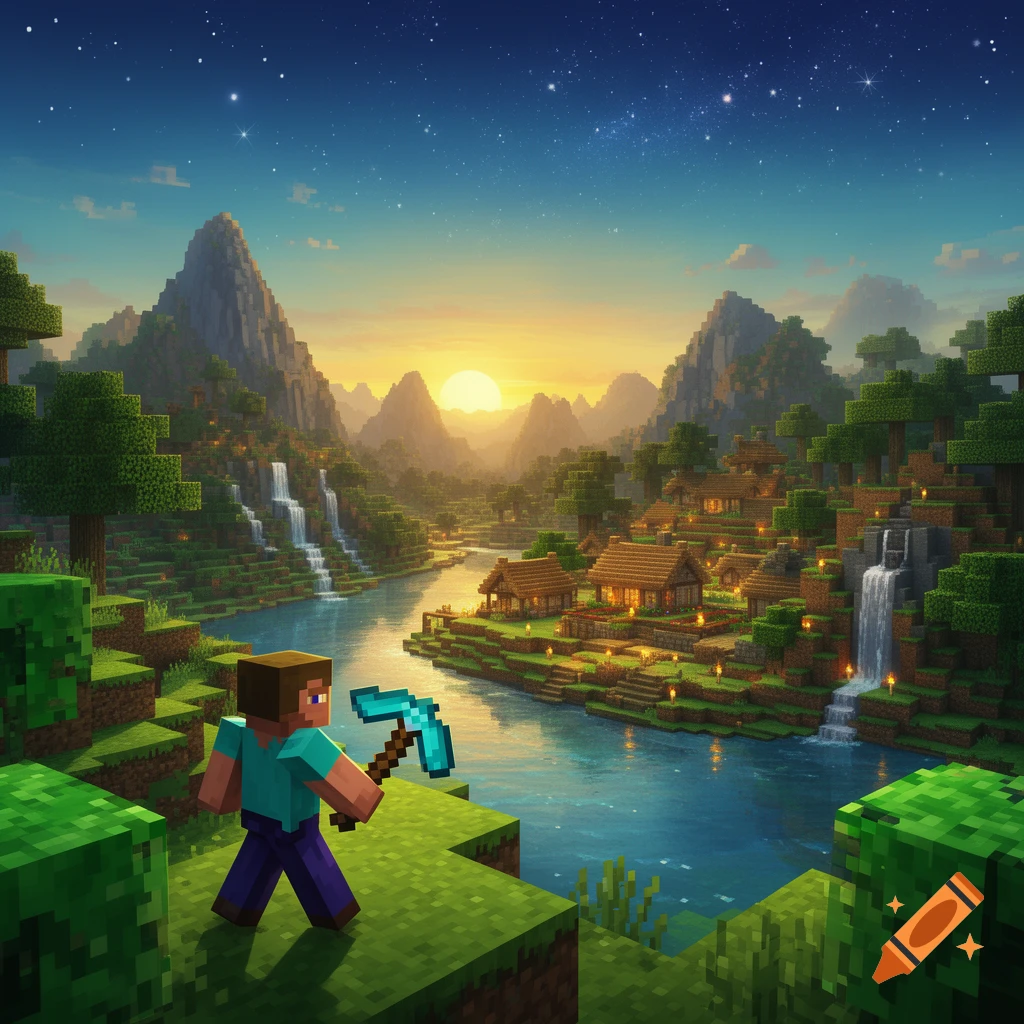 A pixelated Minecraft landscape at sunset with Steve holding a pickaxe overlooking a river, village, waterfalls, and mountains.