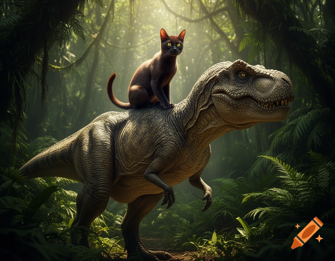 A brown cat with yellow eyes sits majestically on the back of a large Tyrannosaurus Rex in a lush, sunlit prehistoric jungle.