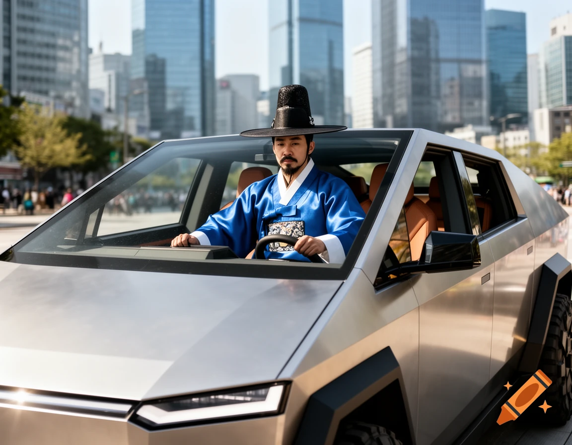 A Joseon Dynasty scholar wearing a blue robe and traditional black hat drives a silver Tesla Cybertruck in a modern city.