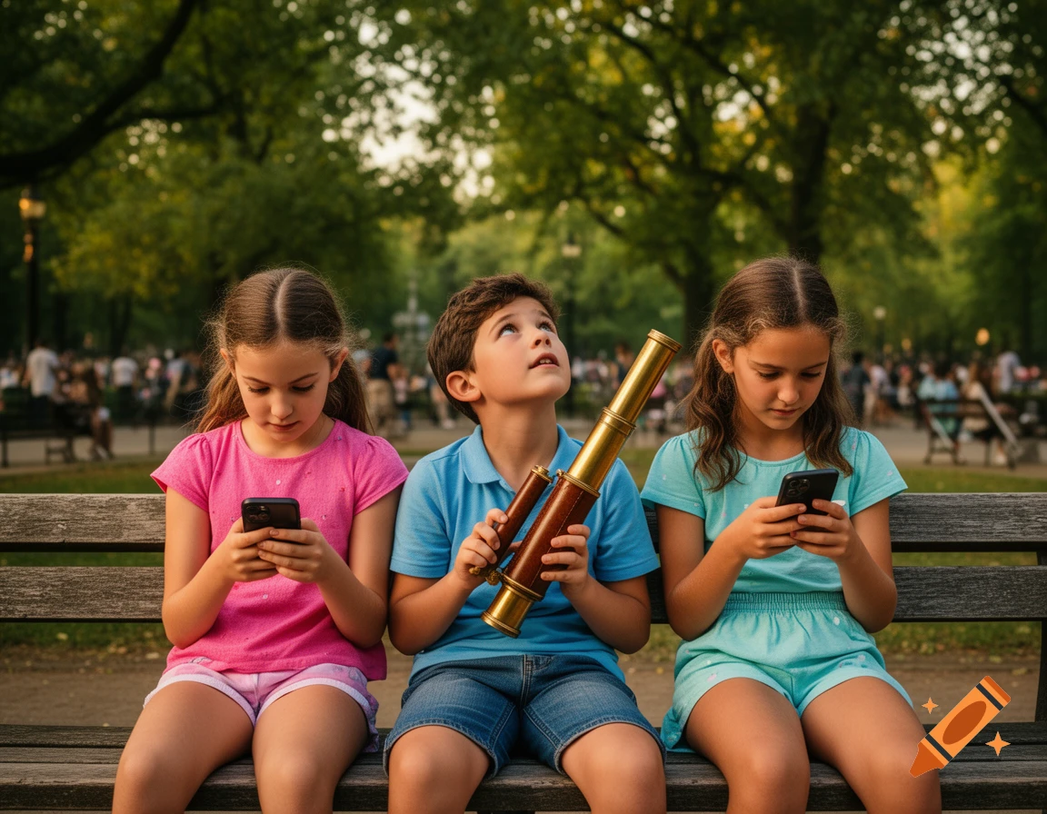 Three children sit on a park bench, two girls engrossed in smartphones while a boy between them looks up with a telescope.