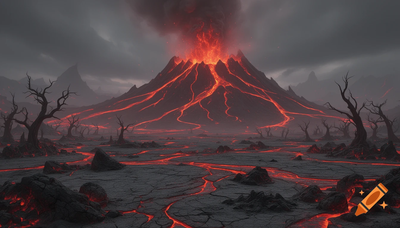 A devastating fantasy landscape with an erupting volcano, rivers of glowing lava, and barren dead trees under a stormy sky.
