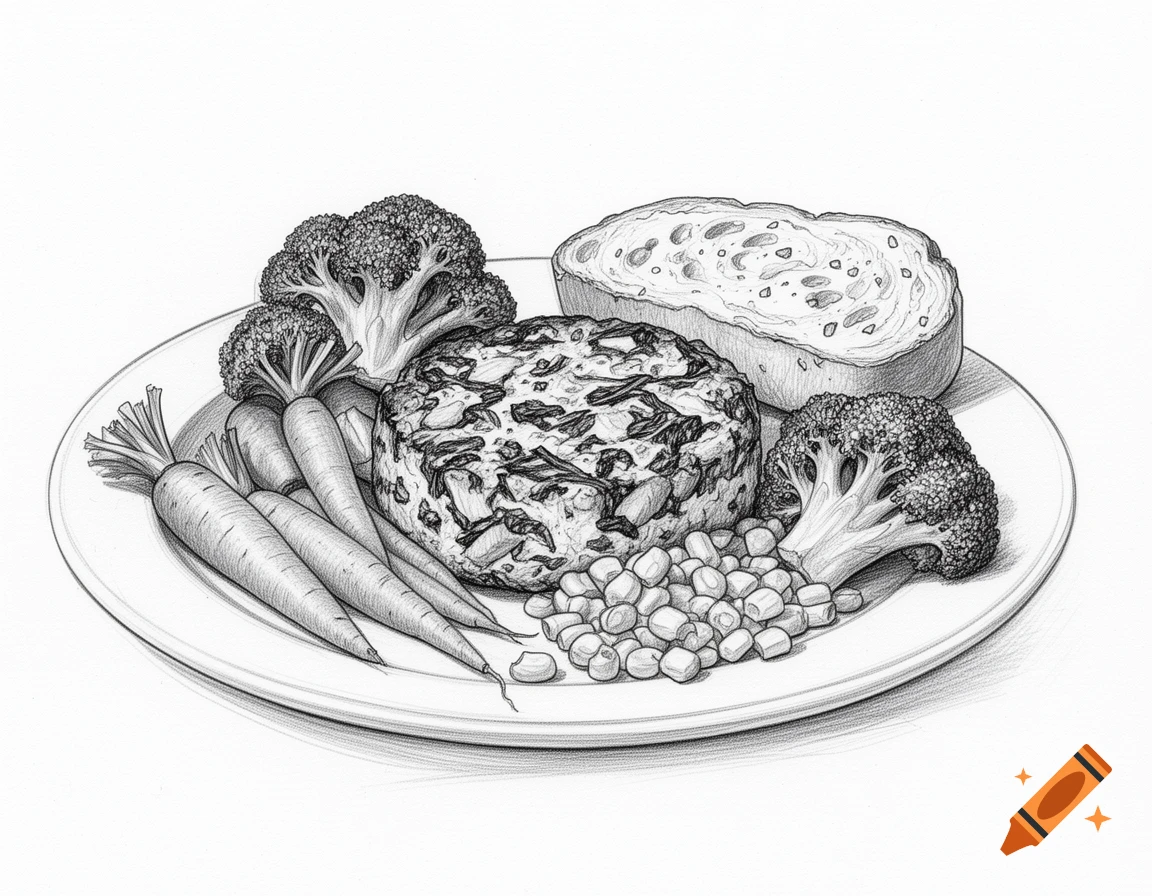 A black and white pencil sketch of a meal on a plate, featuring a fish cake, carrots, broccoli, sweetcorn, and garlic bread.