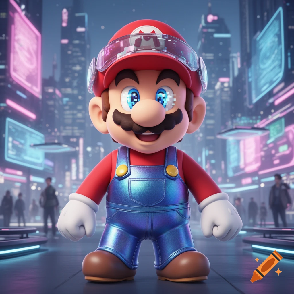 Mario wearing a red cap with a visor and metallic blue overalls stands in a neon-lit cyberpunk city.