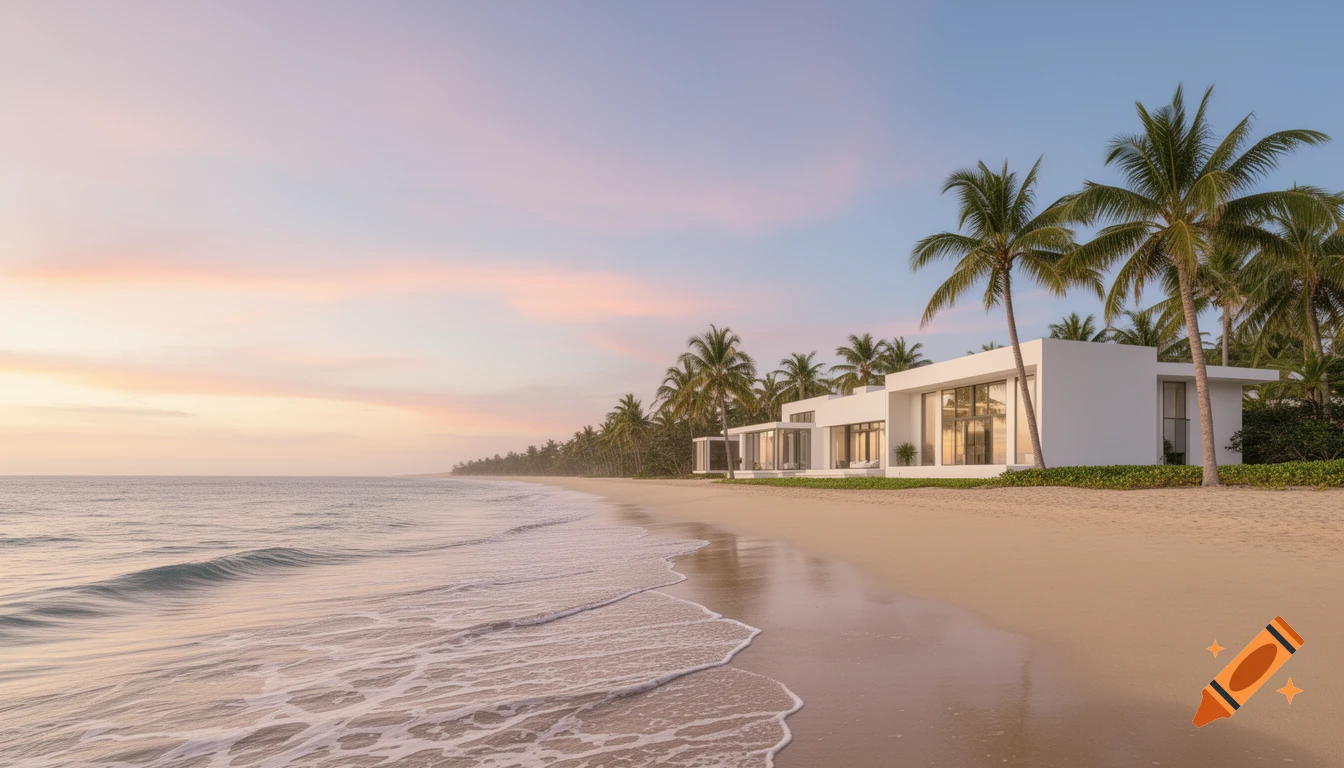 Photorealistic modern beach homes with large windows on a sandy shore with palm trees, ocean waves, and a pastel sunset sky.
