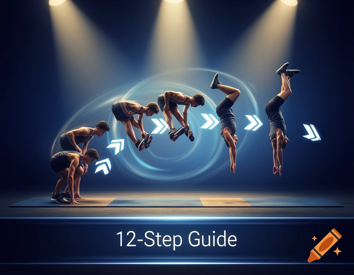 A step-by-step visual guide of a person performing a backflip, with '12-Step Guide' text.