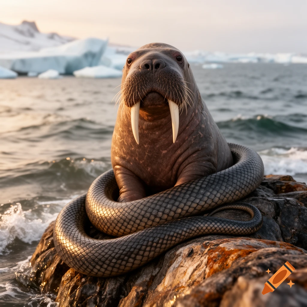 A photorealistic walrus with a snake's body wrapped around it, sitting on a rocky shore in arctic waters at sunset.