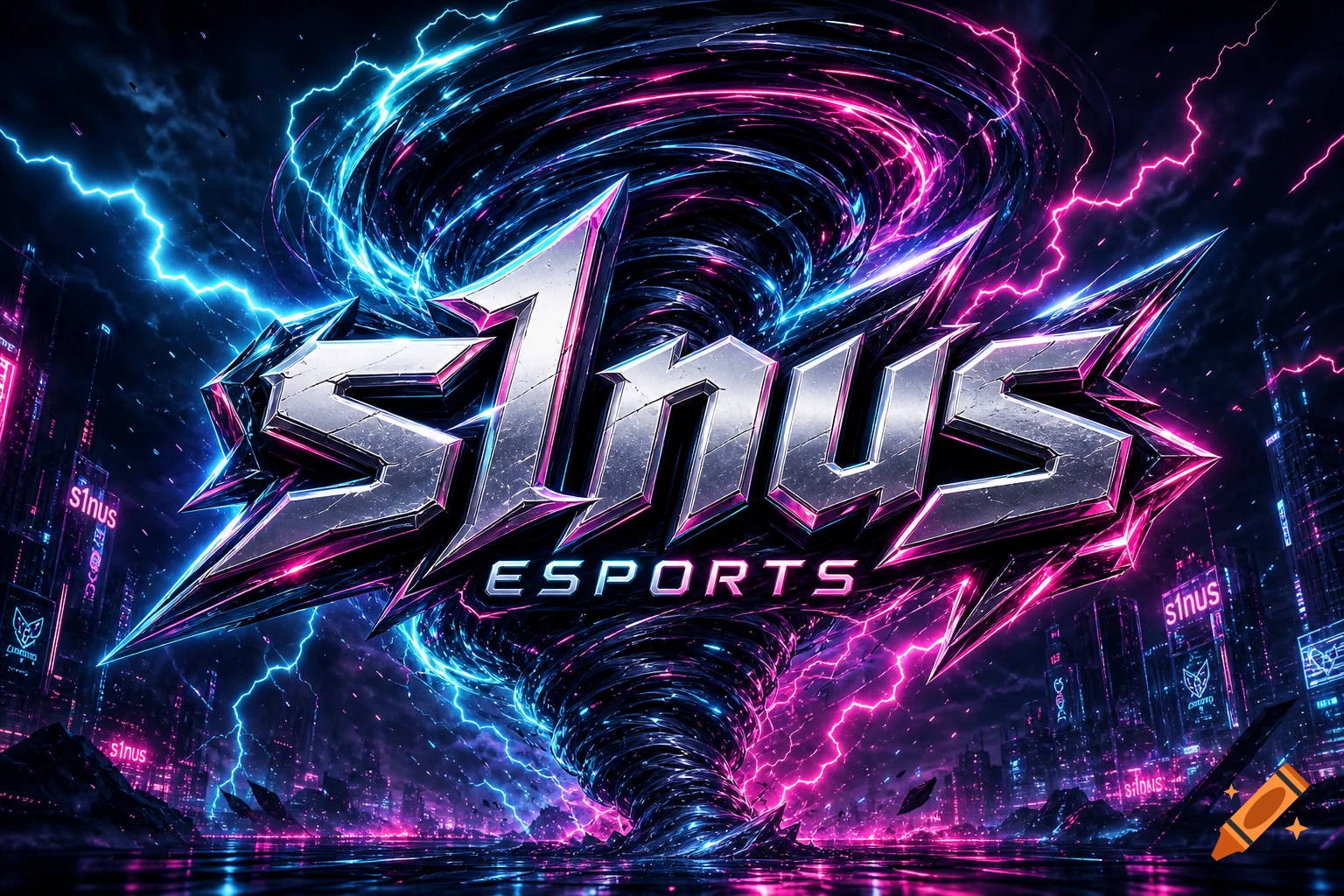 A cyberpunk-style logo for 's1nus ESPORTS' with 3D metallic text, a neon cyan and magenta swirling vortex, and lightning against a dark city background.