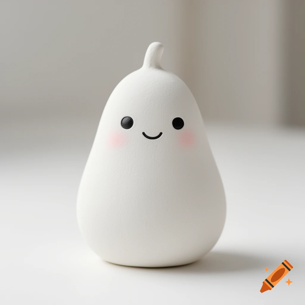 A white, pear-shaped character with black dot eyes, pink blush, and a soft smile.
