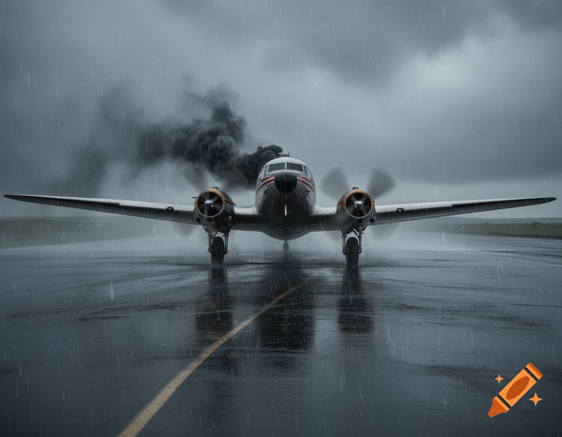 A photorealistic image of a vintage DC-3 airplane with a smoking engine on a wet runway in heavy rain under a stormy sky.