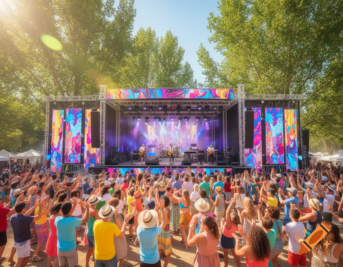 A large crowd cheers at an outdoor summer music festival, with a band performing on a brightly lit stage under green trees.