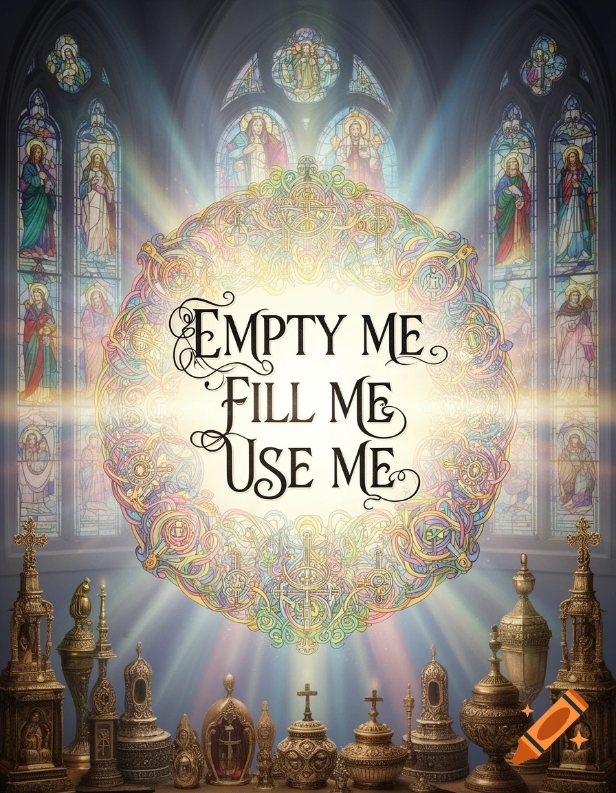 Ornate religious poster with 'EMPTY ME FILL ME USE ME' text over glowing, colorful stained glass windows depicting saints, above a collection of golden vessels.