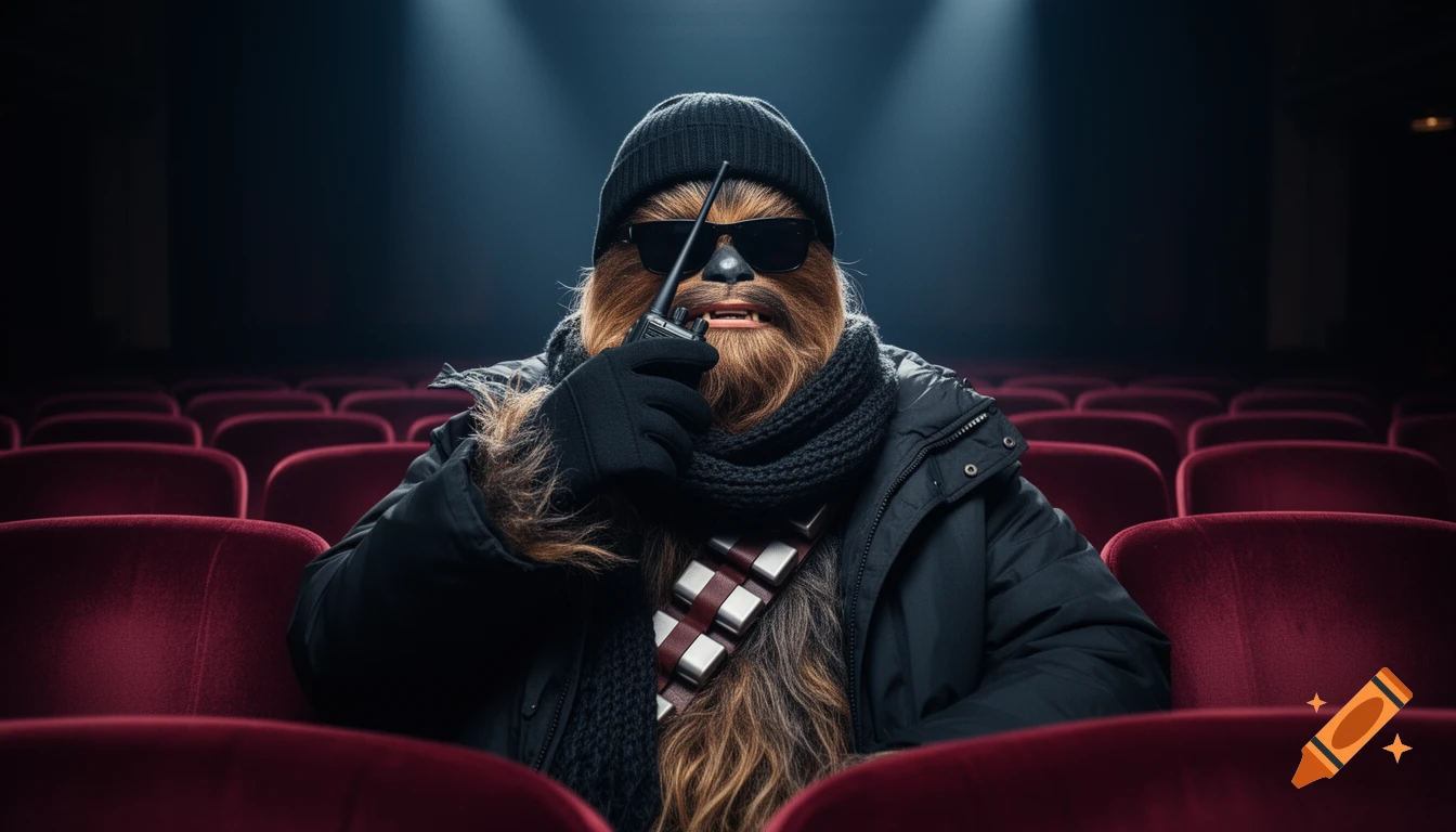 Chewbacca in winter clothes and sunglasses sits in an empty movie theater seat, holding a walkie-talkie. Photorealistic, dramatic lighting.
