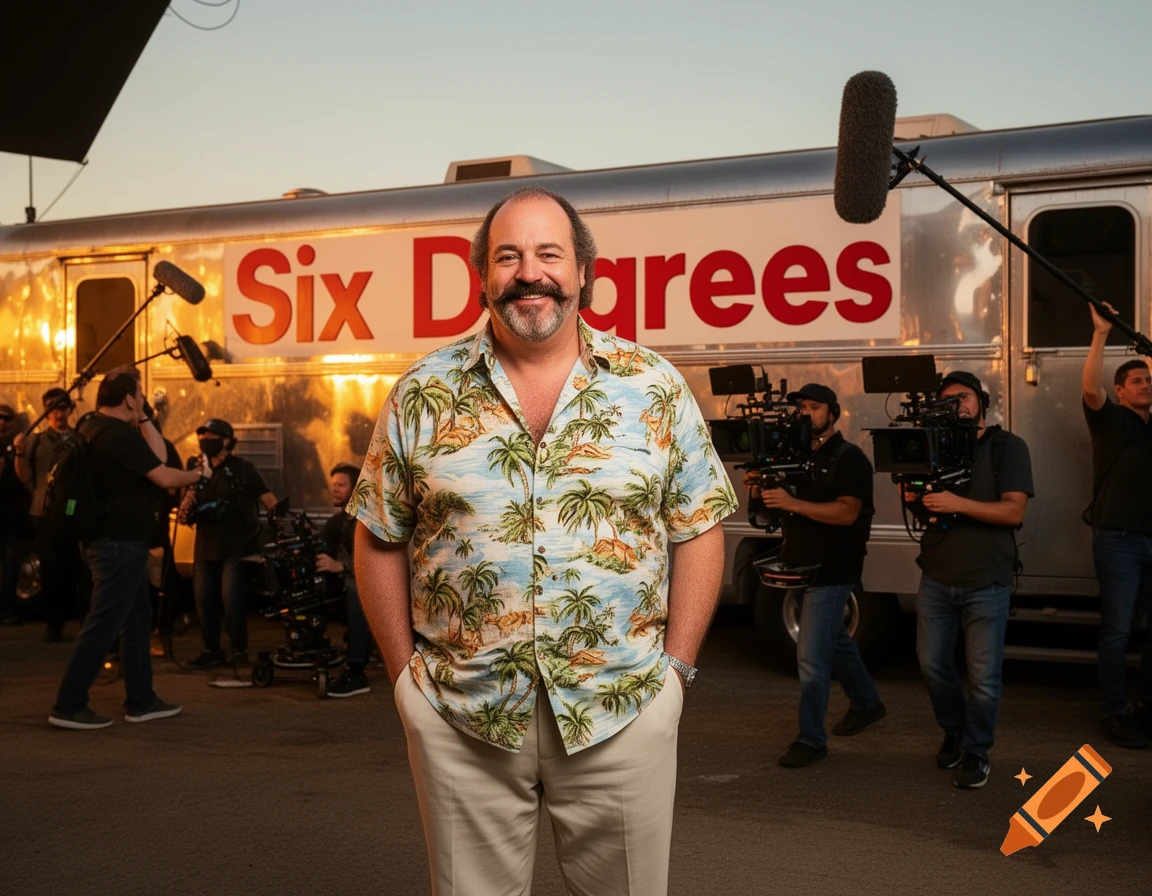A man with a mustache wearing a Hawaiian shirt stands in front of a silver bus with 'Six Degrees' on its side, surrounded by a film crew.