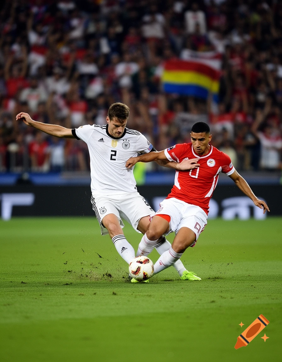 Two soccer players, one in a white German jersey and another in a red jersey, compete for the ball on a green field during a match.