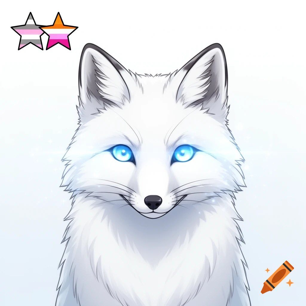 Anime-style arctic fox with bright blue glowing eyes, with demigirl and lesbian pride flag stars in the top left corner.