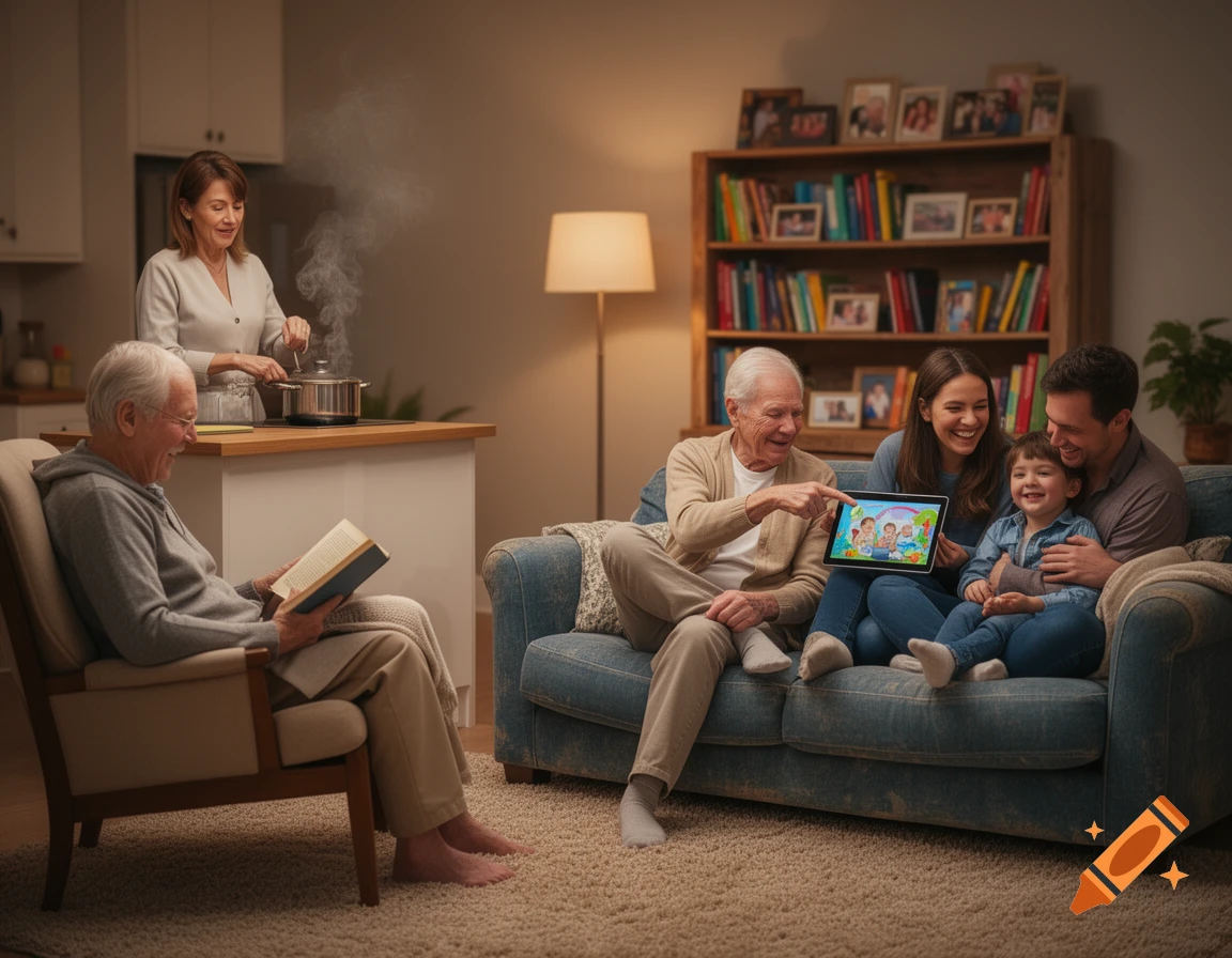 A multi-generational family is gathered in a cozy living room. A woman cooks in the kitchen while others read a book and watch a tablet together.