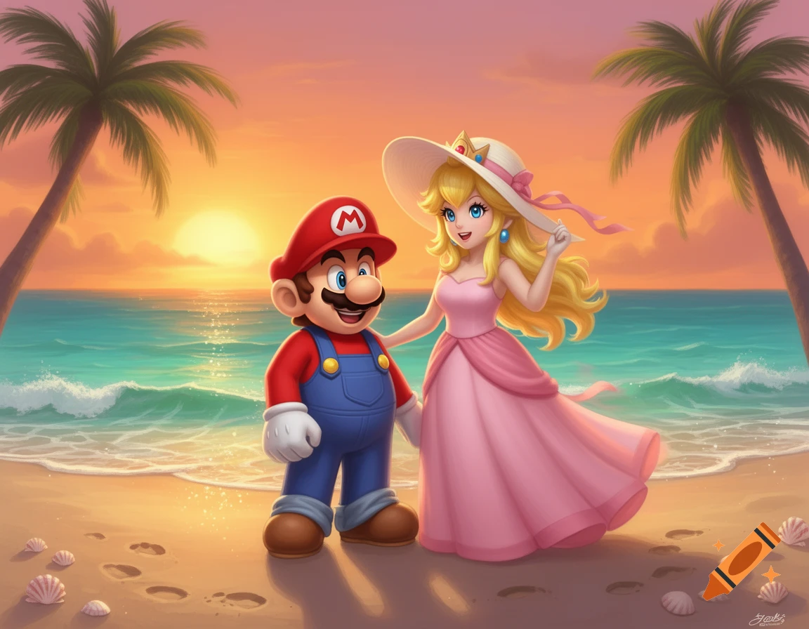Mario and Princess Peach stand on a tropical beach at sunset, with palm trees and ocean waves. Stylized digital art.