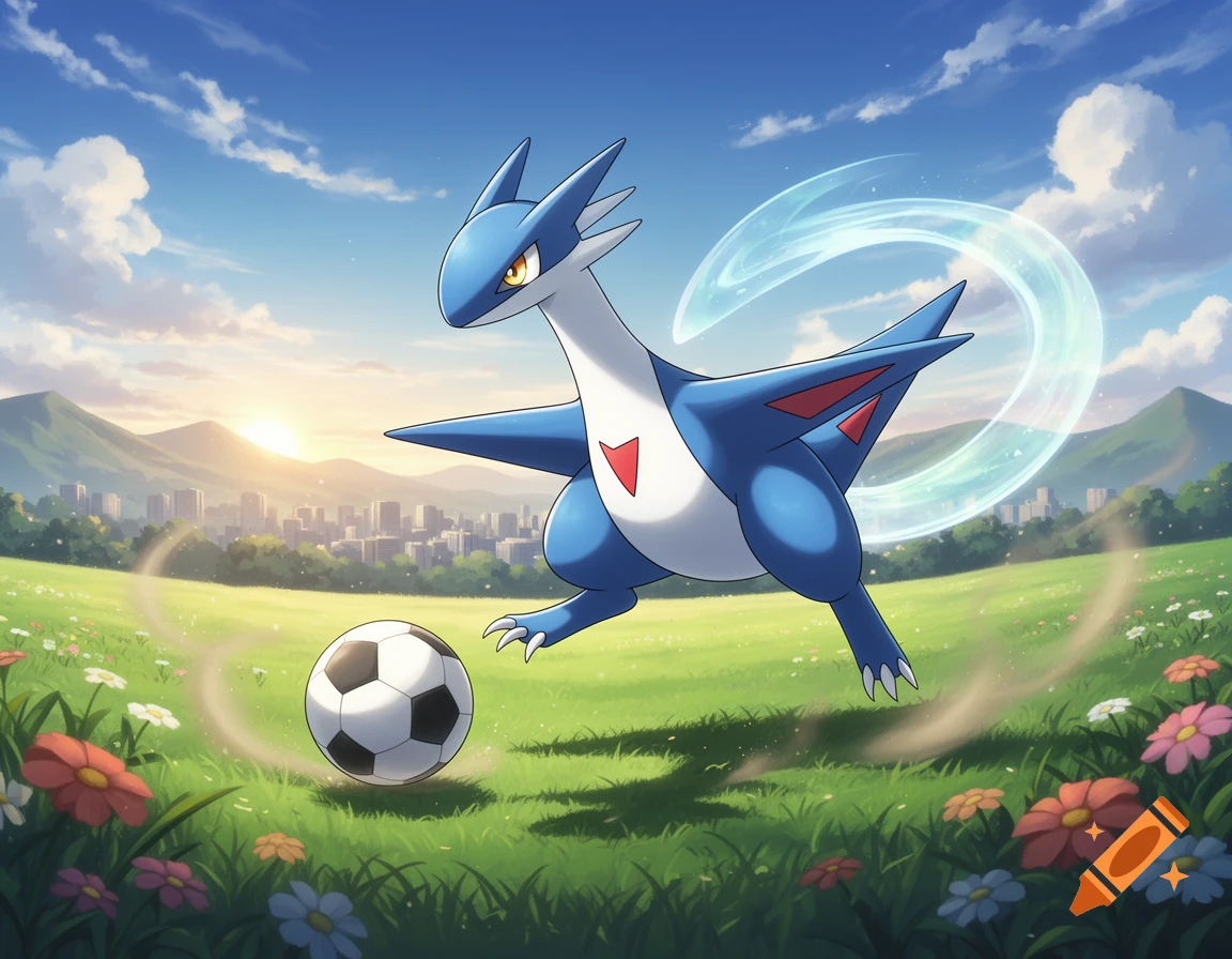 A blue and white Pokémon, Latios, plays soccer in a grassy field with flowers, a city, and mountains in the background at sunset.