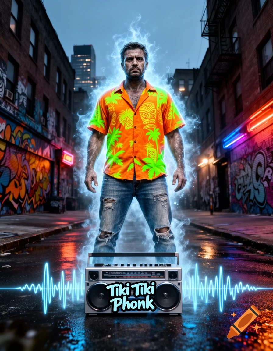 Muscular man with a blue aura in an orange Hawaiian shirt and ripped jeans stands in a neon-lit, graffiti-covered alley with a boombox displaying 'Tiki Tiki Phonk' text.
