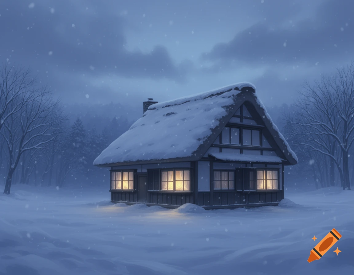 A cozy, snow-covered house with glowing windows on a dark, snowy winter night, depicted in an illustrative style.