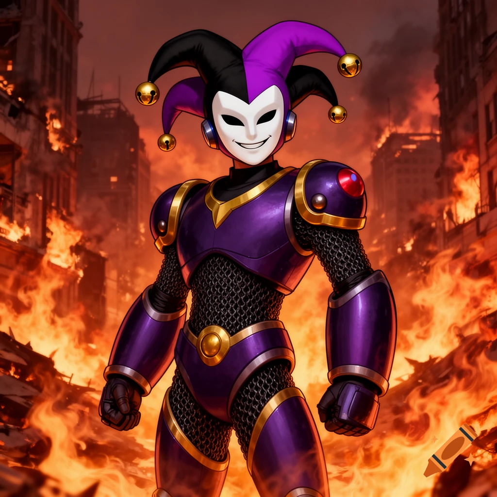 A character in purple and gold Mega Man-style armor and a jester hat with a creepy white mask stands in a city engulfed in flames.