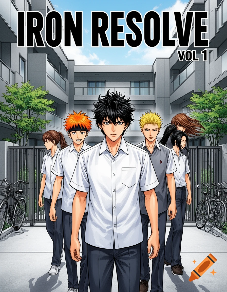 A manga illustration titled 'IRON RESOLVE VOL 1' shows six serious-looking teenagers in school uniforms walking forward in front of apartment buildings.