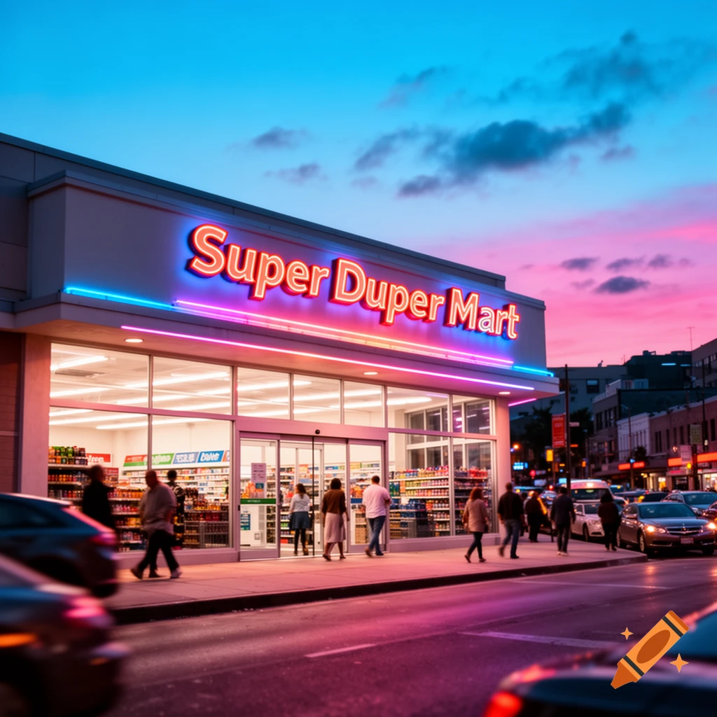 A 'Super Duper Mart' store with a bright neon sign at dusk, people walking on the sidewalk, and cars on the street, under a pink and blue sky.
