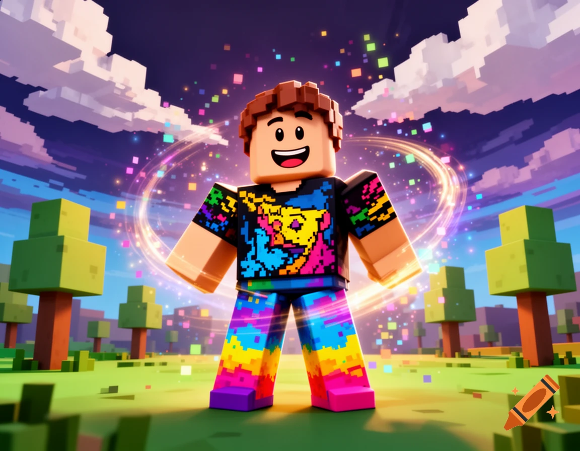 A happy, colorful Roblox-style character with pixelated rainbow clothes stands in a vibrant, blocky landscape with glowing particles.