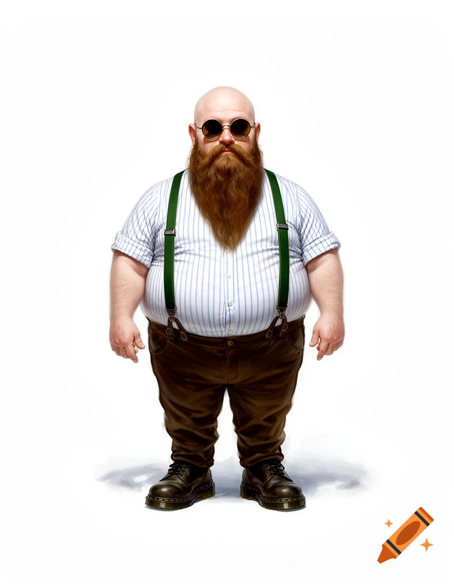 A portly, bald man with a long brown beard, round sunglasses, striped shirt, green suspenders, brown pants, and boots.