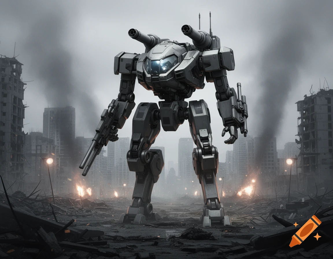 A large grey bipedal combat mecha stands amidst the ruins of a city, with smoke rising and fires burning in the background.