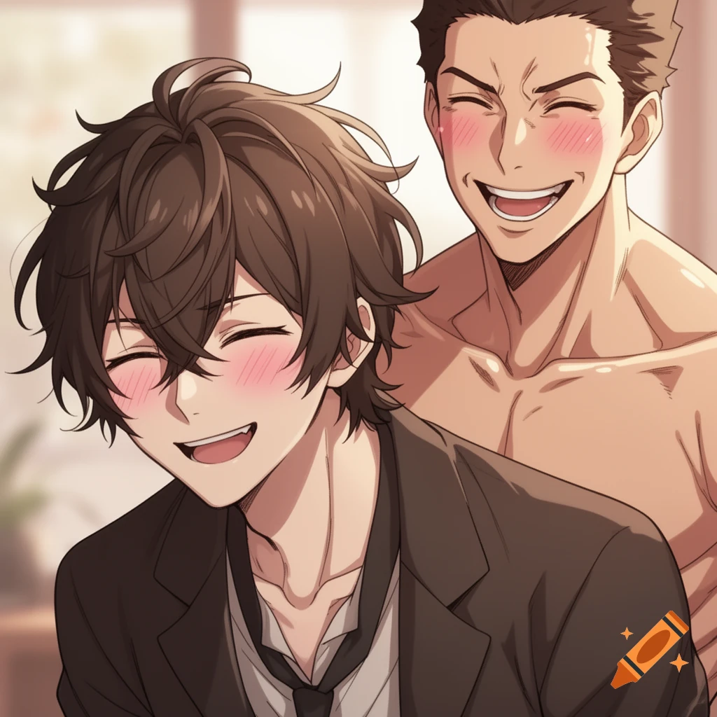 Anime illustration of two smiling, blushing men; one in a suit jacket, the other bare-chested behind him.