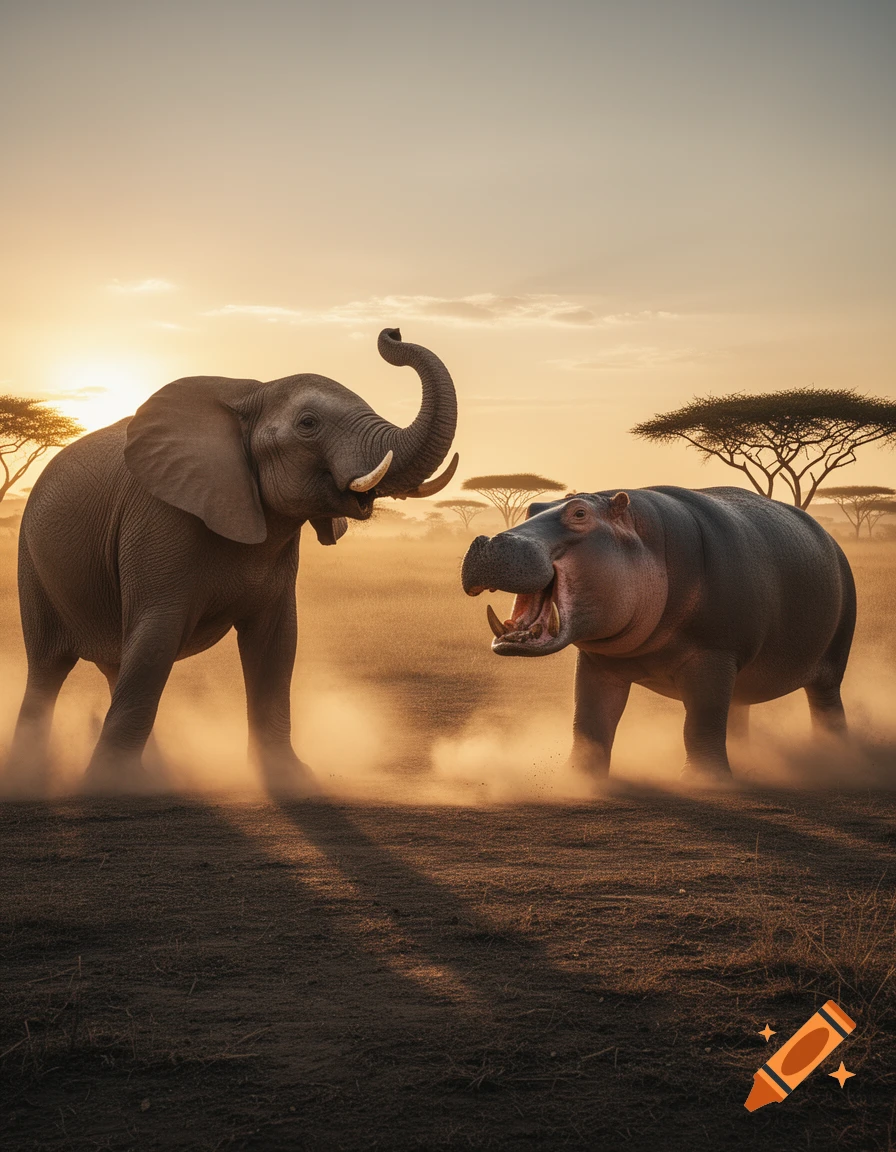 A photorealistic image of an elephant and a hippopotamus facing each other in a dusty savannah at sunset.