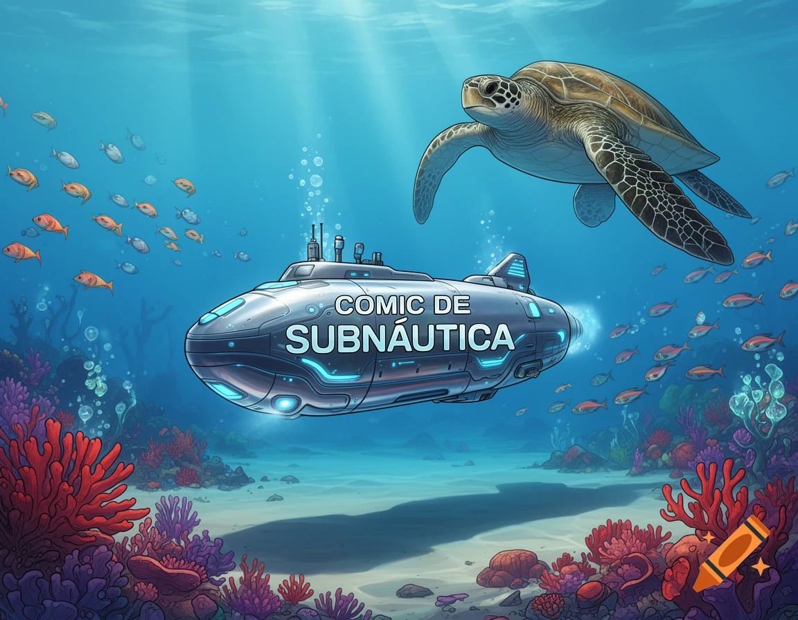 A cartoon-style image showing a futuristic submarine and a large sea turtle swimming over a vibrant coral reef. The submarine has the text 'COMIC DE SUBNAUTICA' on its side.