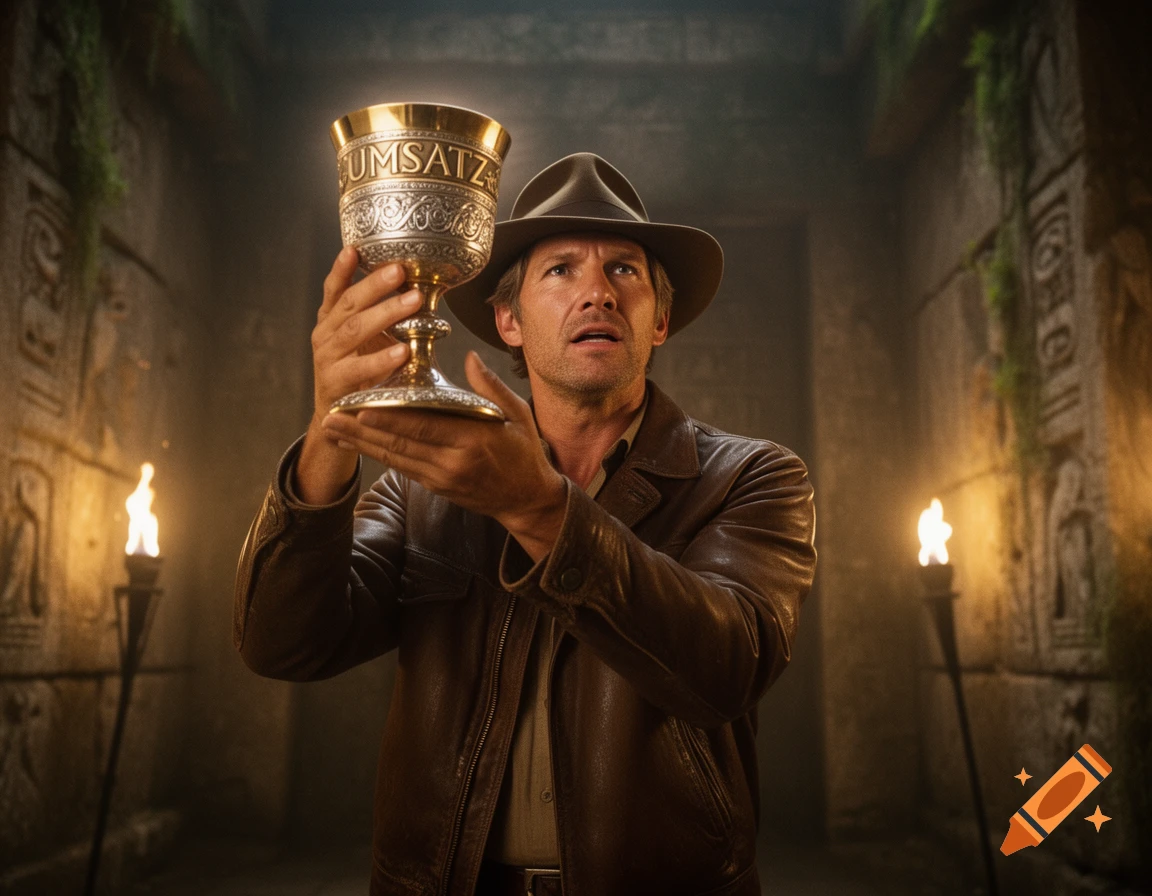 Photorealistic image of a man resembling Indiana Jones holding a golden chalice with 'UMSATZ' engraved in a torch-lit ancient ruin.