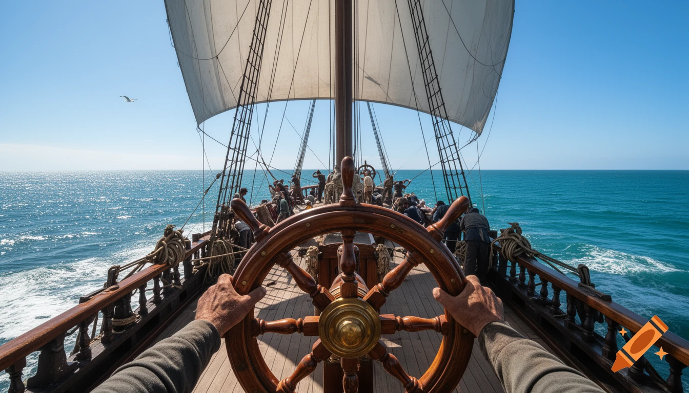 POV of hands on the helm of an old wooden ship sailing on a sunny, blue ocean with crew on deck.